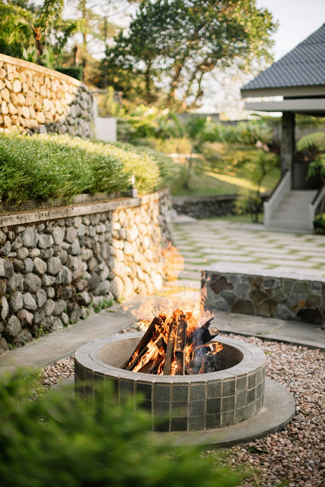 Stone fire pit and gravel terrace, Hinsdale